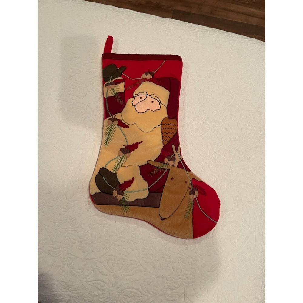 Vintage Santa Riding Reindeer Christmas Holiday Stocking Embroidered - Picture 1 of 3
